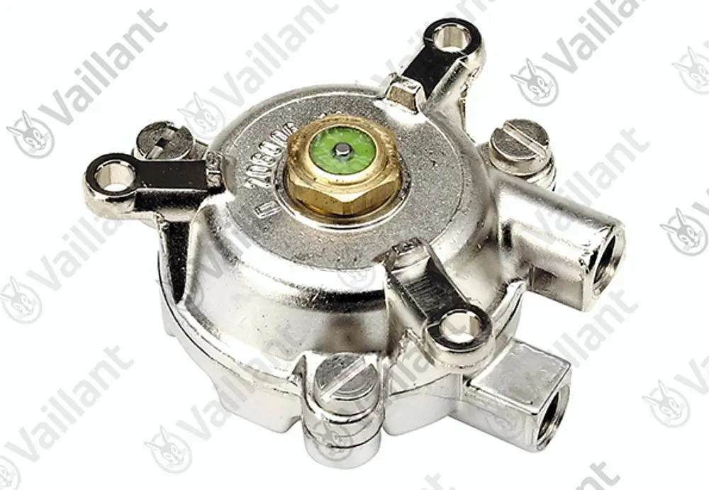 Strömungsschalter aus Messing von Vaillant mit mehreren Anschlüssen und einer zentralen Schraube. Metalldesign, kompakte Form, für hydraulische Systeme geeignet.